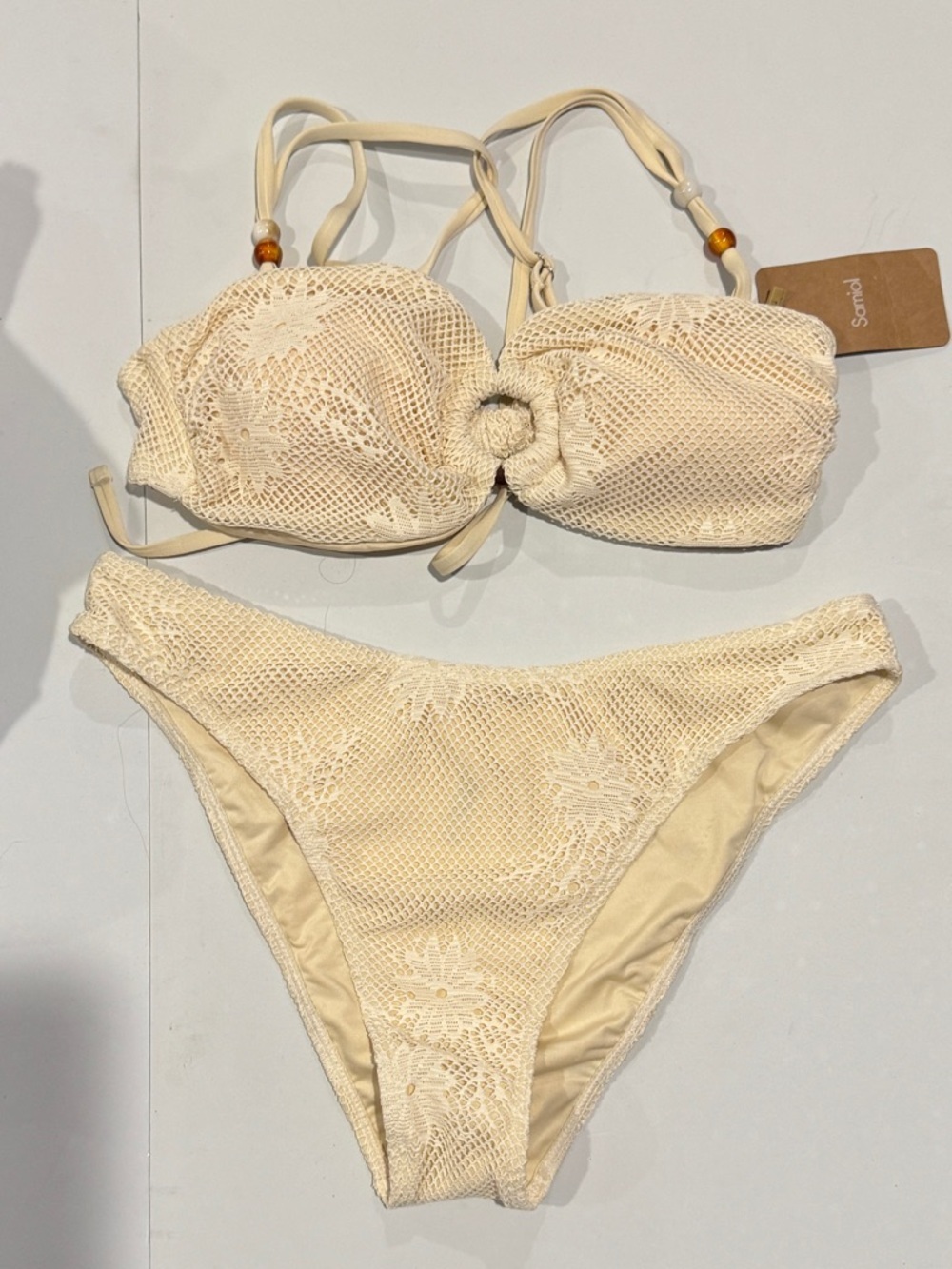 Cream Lace-Trim Bikini Set